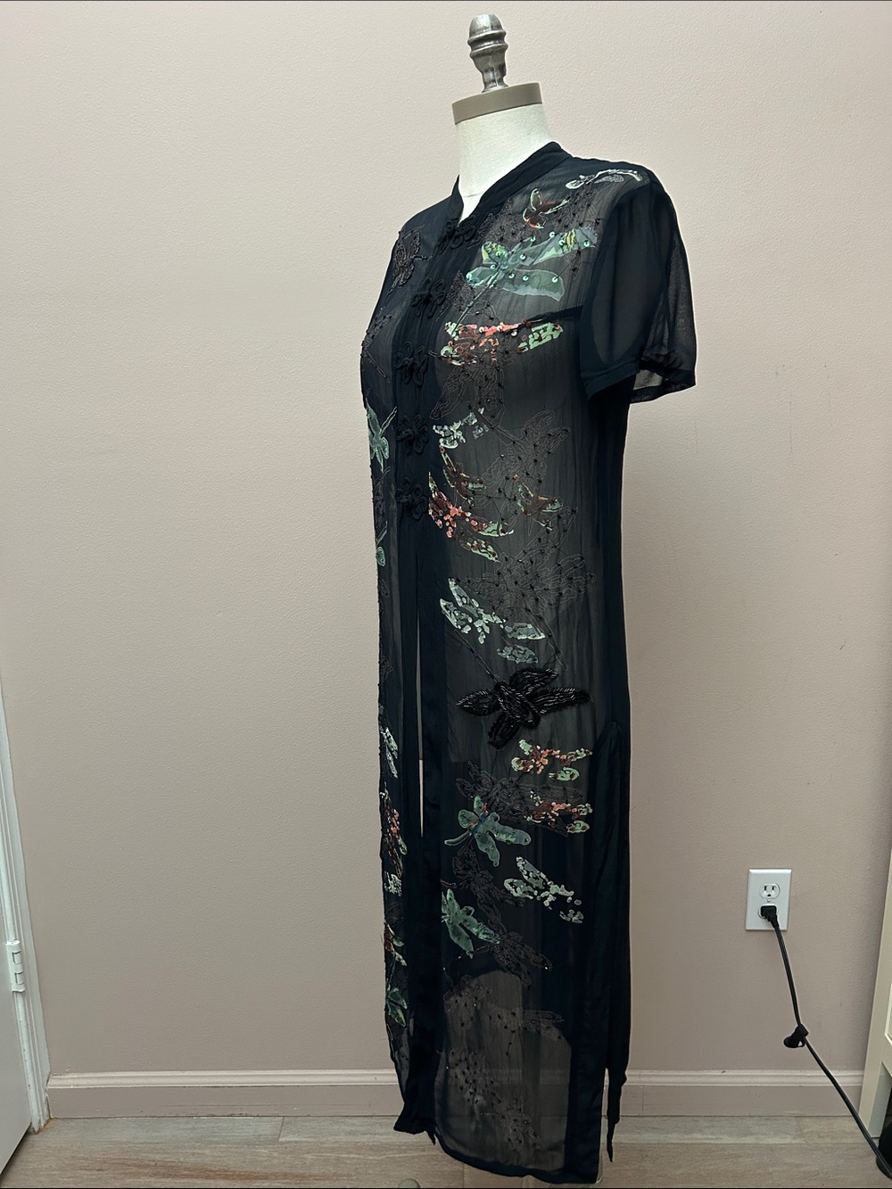 VTG Cache Sheer Black Embroidered Butterfly Duster Asian frog closure sz small - Picture 11 of 16